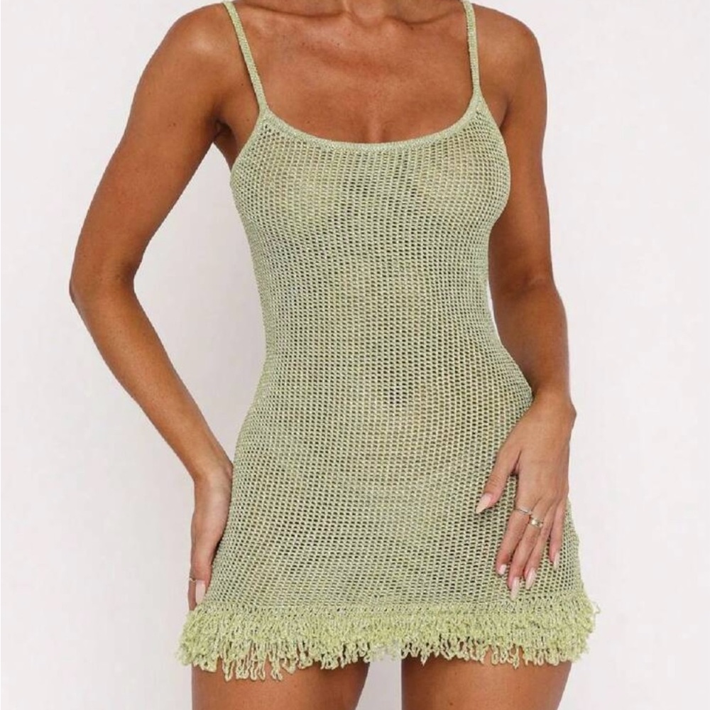 Green Knit Fringe Mini Dress
